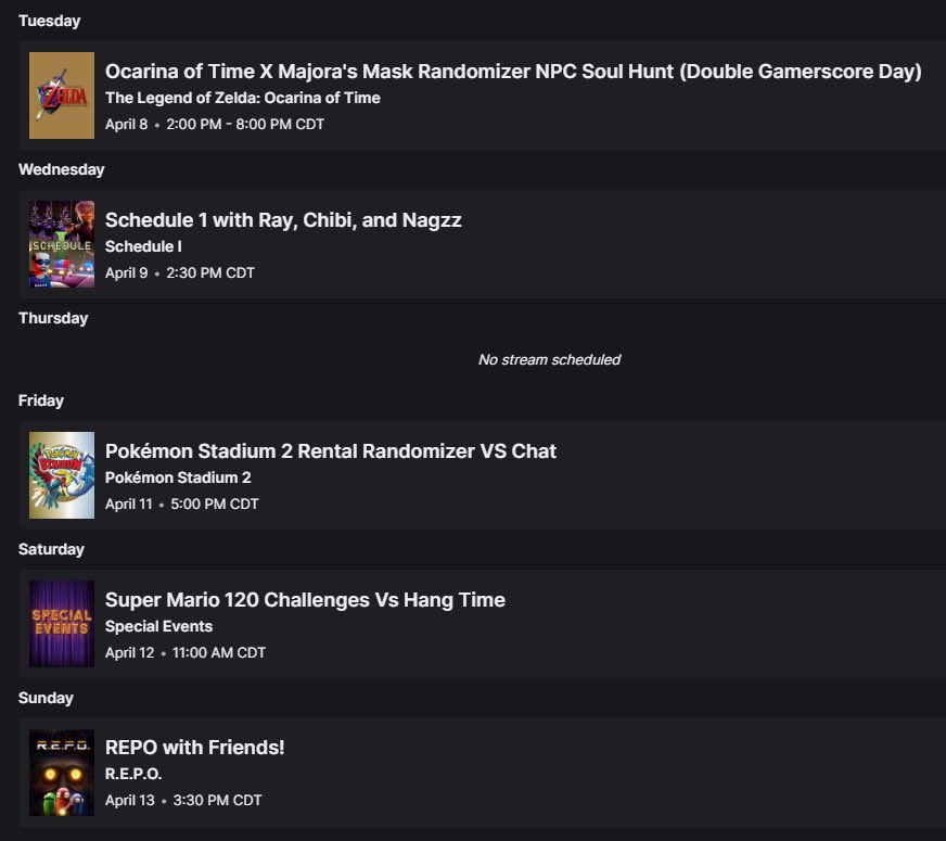 Trying a few things out with posts here just to see what works the best. So while this seems like it’s a day late I promise I planned to post this now. Stream Schedule for the week is looking pretty loaded btw. See you at stream later today!