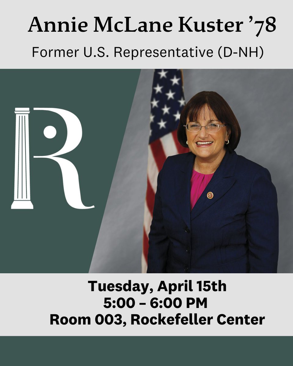 Rockefeller Center (@rockefellerctr) on Twitter photo Join us for a conversation with The Honorable
<a href="/AnnMcLaneKuster/">Annie Kuster</a> '78, our 2025 Perkins Bass Distinguished Visitor.
4/15/2025
5 pm – 6 pm
Room 003, Rockefeller Center
Registration: dartgo.org/Kuster
Livestream: dartgo.org/KusterLive
#Dartmouth #DartmouthAlumni Join us for a conversation with The Honorable
<a href="/AnnMcLaneKuster/">Annie Kuster</a> '78, our 2025 Perkins Bass Distinguished Visitor.
4/15/2025
5 pm – 6 pm
Room 003, Rockefeller Center
Registration: dartgo.org/Kuster
Livestream: dartgo.org/KusterLive
#Dartmouth #DartmouthAlumni