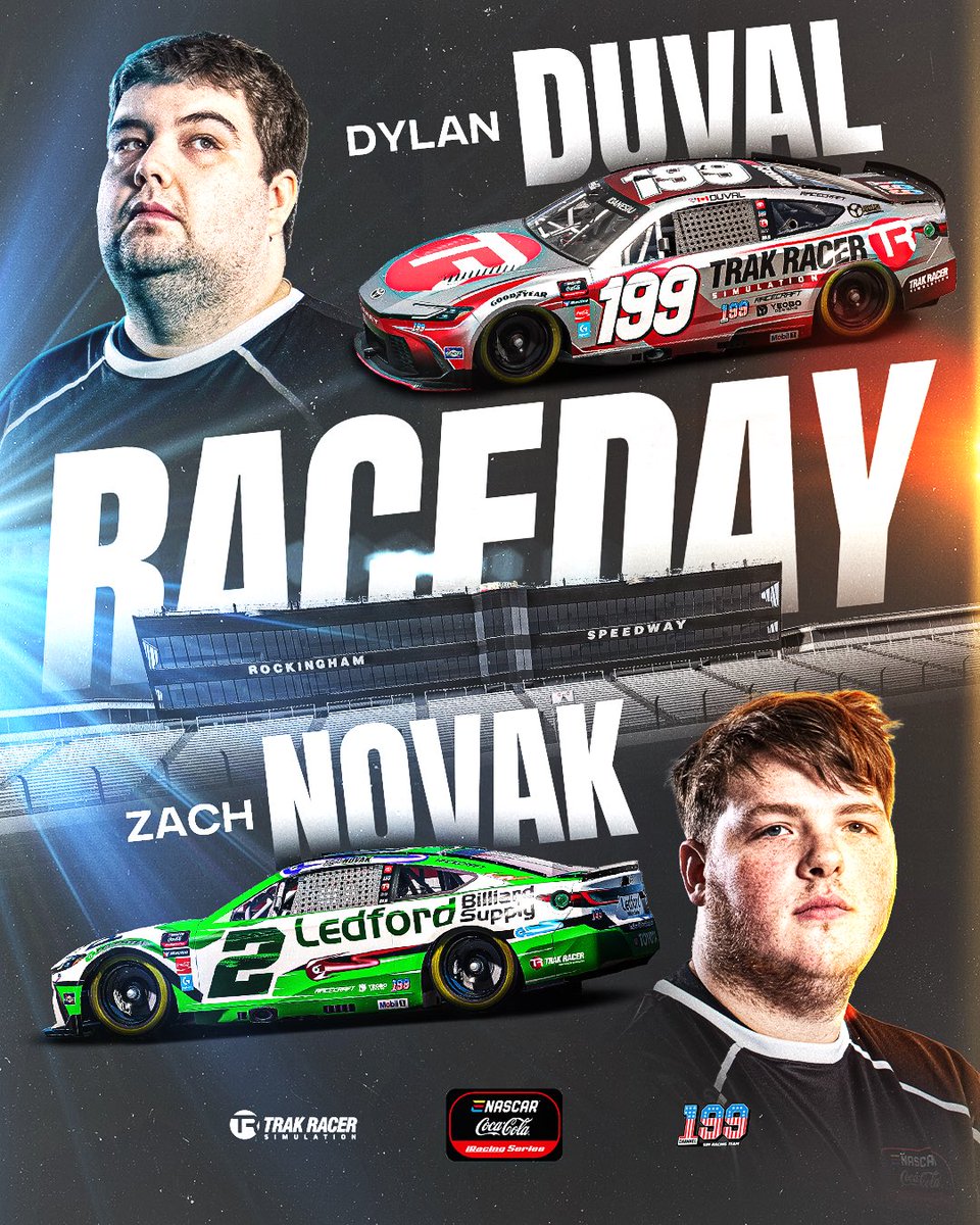 CH199simracing's tweet photo. It is RACEDAY at Rockingham ⚔️ 

#2 @LBilliardSupply - @znovak15 
#199 @trak_racer - @DDuval42 

@ENASCARGG @iRacing #Channel199 https://t.co/8VYFfSWPdH