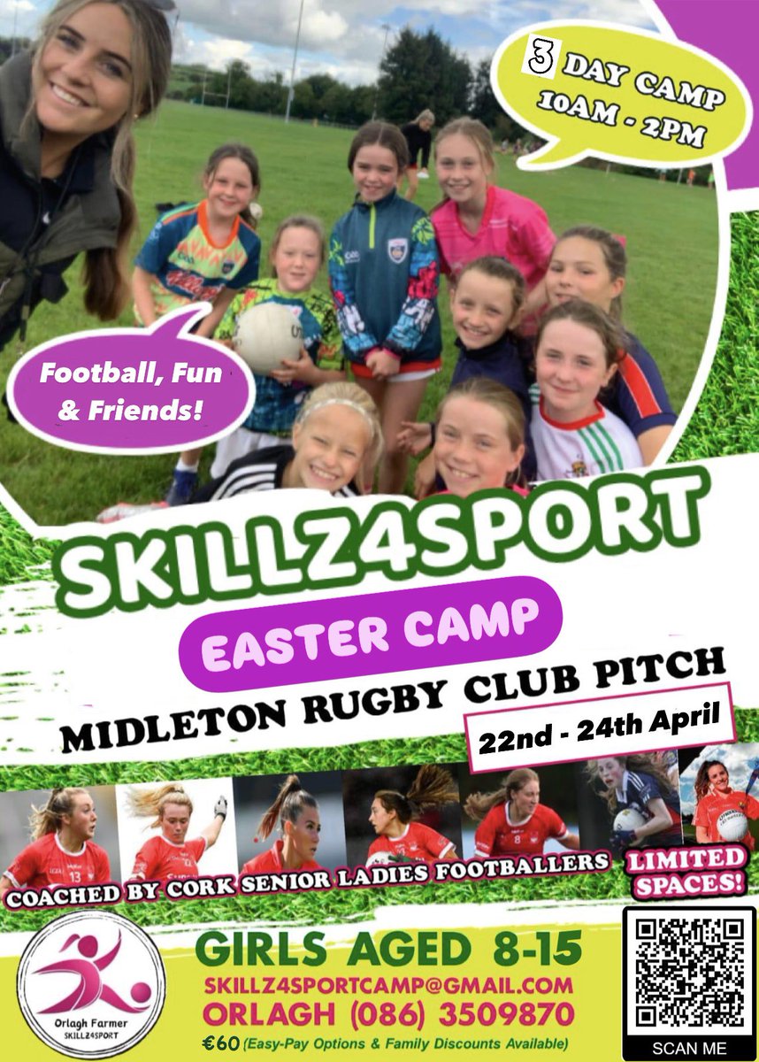 📣 Delighted to run my Skillz4Sport Girls Football Easter Camp in Midleton🏐

📍 MIDLETON venue
🙋🏻‍♀️ Girls ages 8-15 
🗓️ 22nd - 24th April 
🕰️ 10am - 2pm

#keepinggirlsinvloved 

Click the link below to book a place (or scan the QR code) ⬇️ #SpreadTheWord 

forms.gle/fqqxcybC2JXXw3…