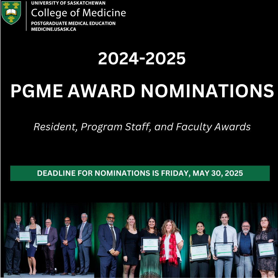 The 2024-2025 PGME Awards are open for nominations, and we are looking for outstanding educators, mentors, and leaders to recognize!

📅 Nomination Deadline: May 30, 2025
 🔗medicine.usask.ca/residents/abou…