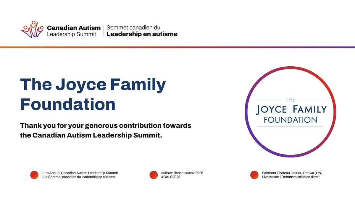 Autism Alliance of Canada (@allianceautism) on Twitter photo <a href="/AllianceAutism/">Autism Alliance of Canada</a> is grateful to the Joyce Family Foundation for their continued support. Their generous contribution through the #NCAC helps make #CALS2025 possible and strengthens national collaboration for autism in Canada. <a href="/AllianceAutism/">Autism Alliance of Canada</a> is grateful to the Joyce Family Foundation for their continued support. Their generous contribution through the #NCAC helps make #CALS2025 possible and strengthens national collaboration for autism in Canada.