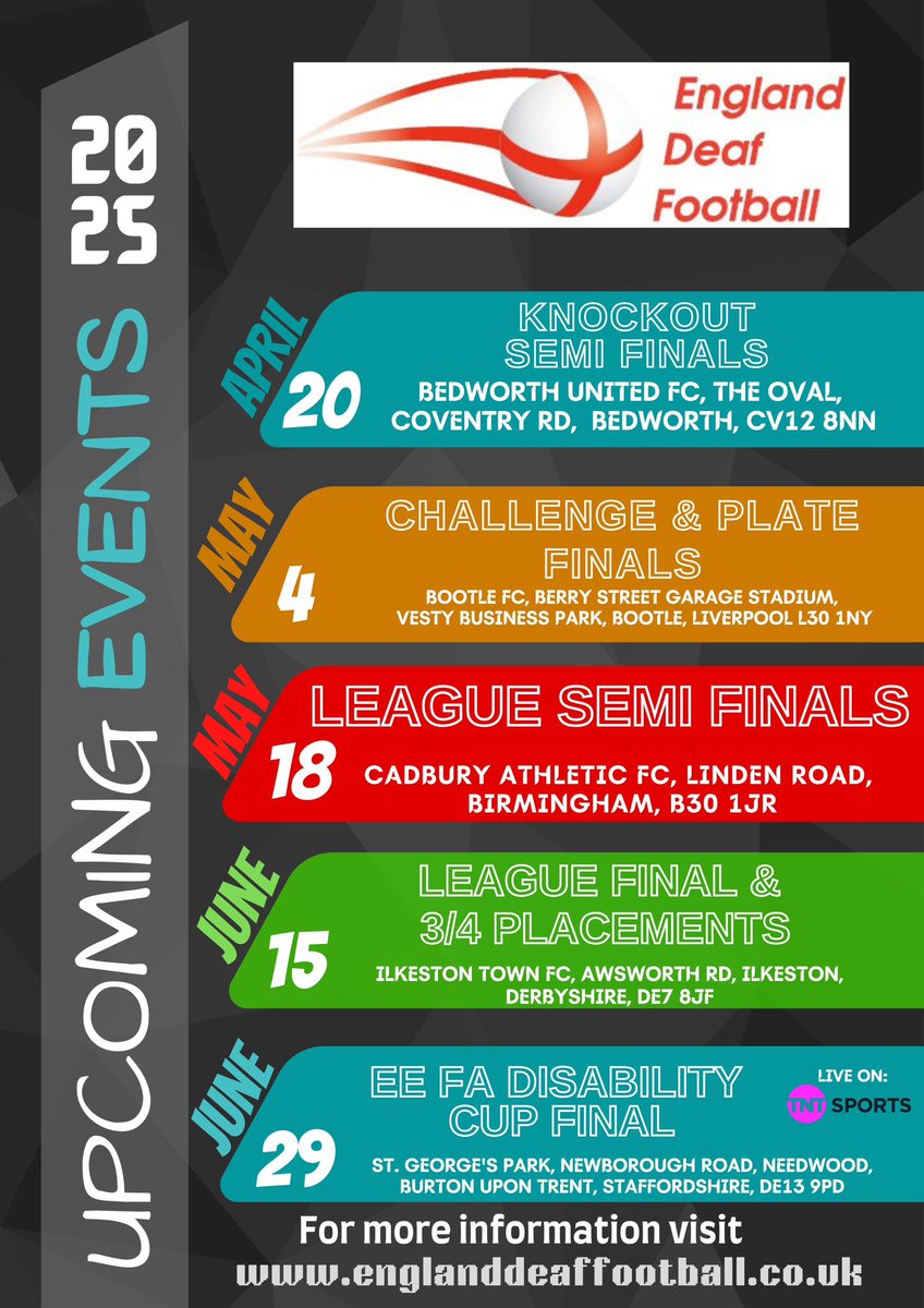 A busy time lies ahead for England Deaf Football! Below are the details for the upcoming semi-finals and finals.
We hope to see you at the semi-finals and finals!