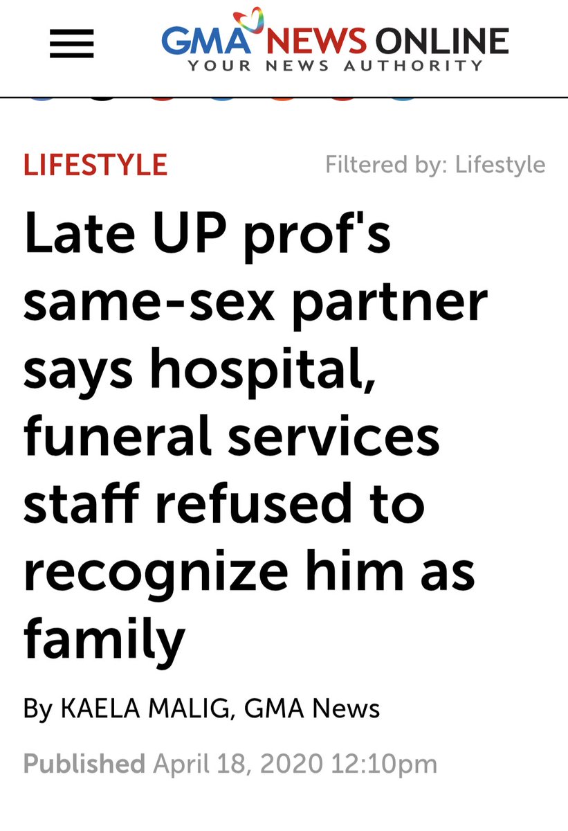 Re: non-recognition of same sex unions, the sad ordeal of the late food scientist Alonzo Gabriel and his partner calls to mind. gmanetwork.com/news/lifestyle…