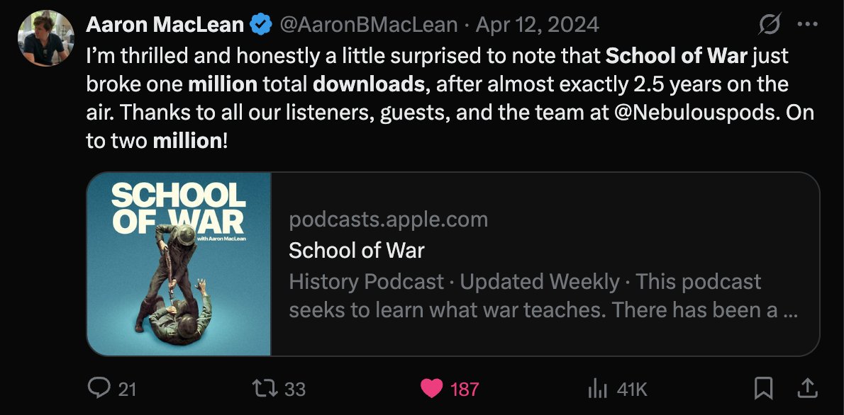 AaronBMacLean's tweet image. A little @schoolofwarpod news--it took us 2.5 years to get our first million downloads. Now it's taken us *just* less than one additional year (almost to the day) to hit two million. Thanks guys!!
