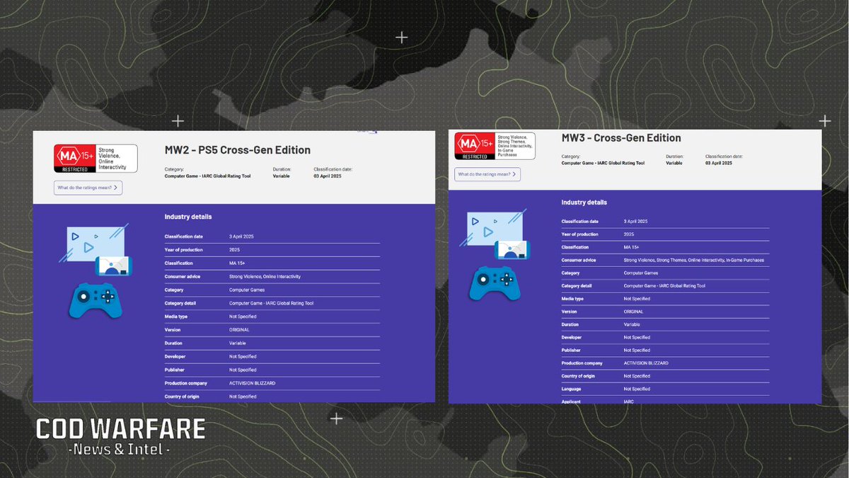 CODWarfareForum's tweet image. New Versions of #MW2 and #MW3 orinigal games have been rated by Australian Rating board.

MW2 is also rumoured for Game Pass This month.

#Blackops6 #Warzone 

reddit.com/r/MW2/comments…