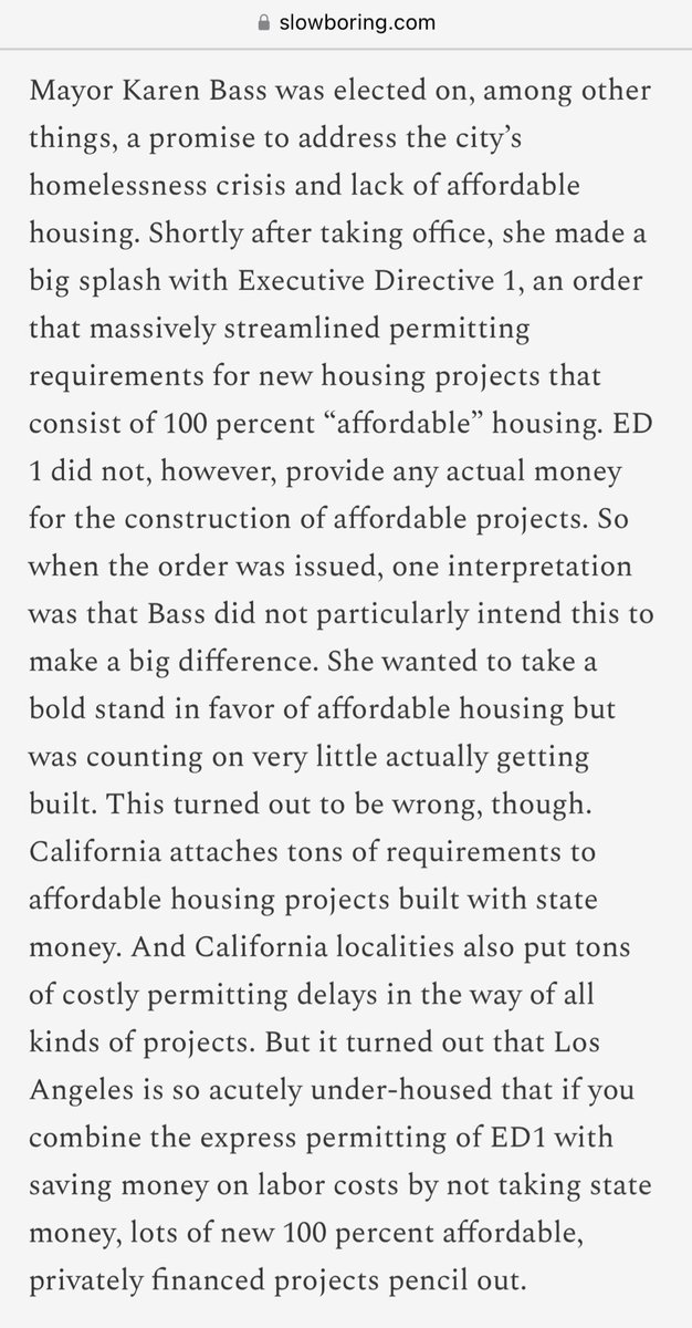 AlecStapp's tweet image. This is one of those stories that could only happen in California:

1. Mayor of Los Angeles issues an executive directive making it fast &amp;amp; easy to build 100% affordable housing.

2. She doesn’t include any new public money in the order, so it’s supposed to just be a fake…
