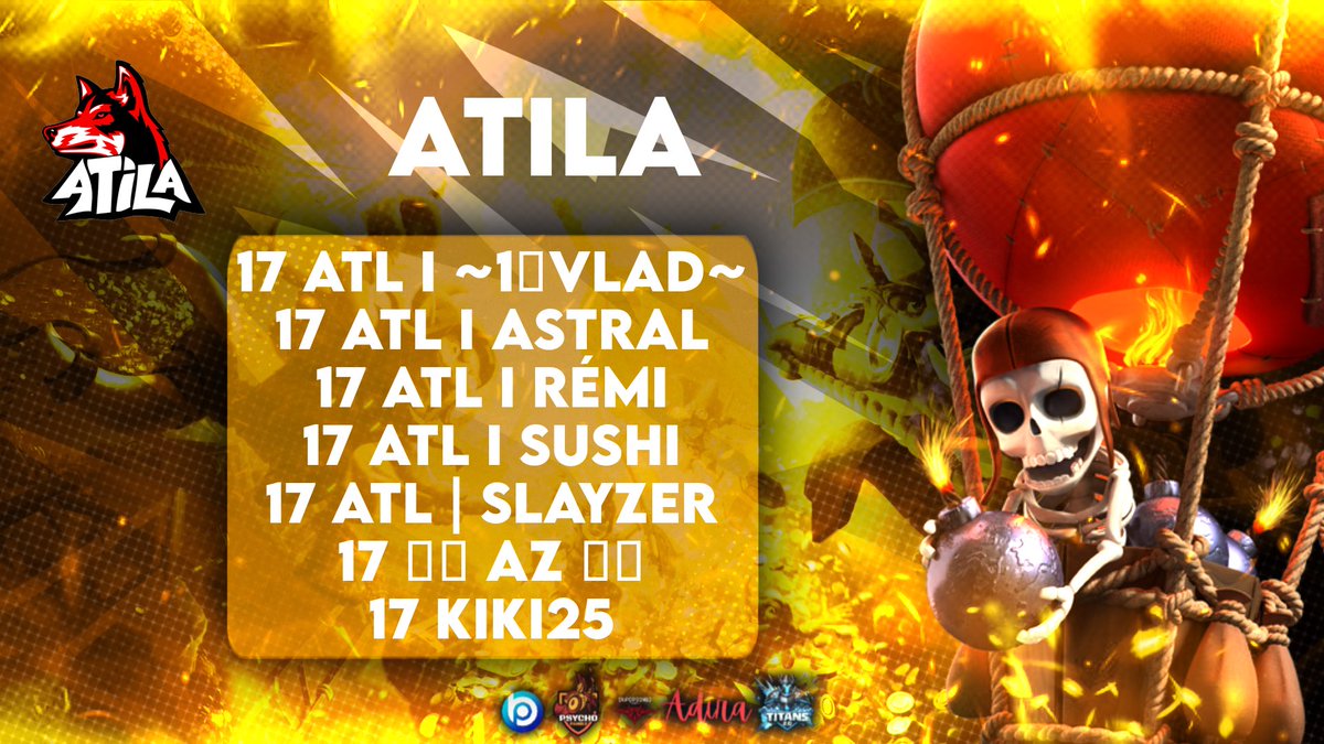 ATILA (@atila_coc) on Twitter photo Here we gooo 🐺
Let’s do our best with the team !
<a href="/One_Star_Vlad/">One_Star_Vlad</a>
<a href="/remisch/">ATL I Rémi</a>
@SushiLeBg
<a href="/Astro_ATILA/">Astro | ATILA</a>
<a href="/ATL_sLaYzeR/">ATL | sLaYzeR</a>
<a href="/Az_2L4S/">Az</a>
<a href="/KGrenier25/">Kiki25 | ATL -- Kylian</a>
Thanks <a href="/PCL_23/">Psycho Champions League (PCL)</a> 🔥
And don’t forget to follow <a href="/hephaistoscoc/">Hephaistos</a> to don’t miss our matches 💥 Here we gooo 🐺
Let’s do our best with the team !
<a href="/One_Star_Vlad/">One_Star_Vlad</a>
<a href="/remisch/">ATL I Rémi</a>
@SushiLeBg
<a href="/Astro_ATILA/">Astro | ATILA</a>
<a href="/ATL_sLaYzeR/">ATL | sLaYzeR</a>
<a href="/Az_2L4S/">Az</a>
<a href="/KGrenier25/">Kiki25 | ATL -- Kylian</a>
Thanks <a href="/PCL_23/">Psycho Champions League (PCL)</a> 🔥
And don’t forget to follow <a href="/hephaistoscoc/">Hephaistos</a> to don’t miss our matches 💥