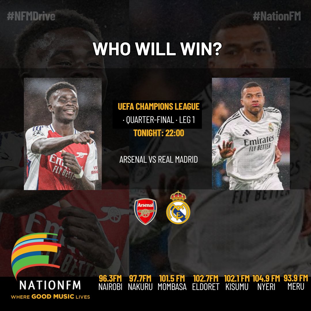 Who will win, Arsenal or Real Madrid C.F.?
#PassaPassaTuesday #NFMDrive #NationFM

<a href="/brian_aseli/">Brian Aseli</a> <a href="/DjGazaking/">#GazakingEffect</a> <a href="/Ted_Official17/">Maverick</a>