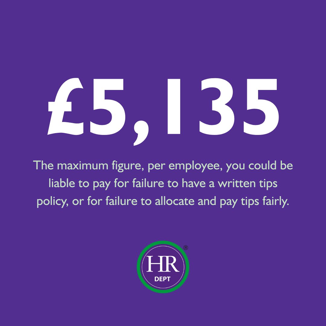Debs_Weatherell's tweet photo. Do you have an up to date Tipping Policy? As of 6th April 2025, employers could be liable for up to £5,135 per employee for failure to comply with this rule. 
If you are in the hospitality industry, get in touch today
T. 0345 200 0031
E. hrsolent@hrdept.co.uk https://t.co/7P0GK7LBNV