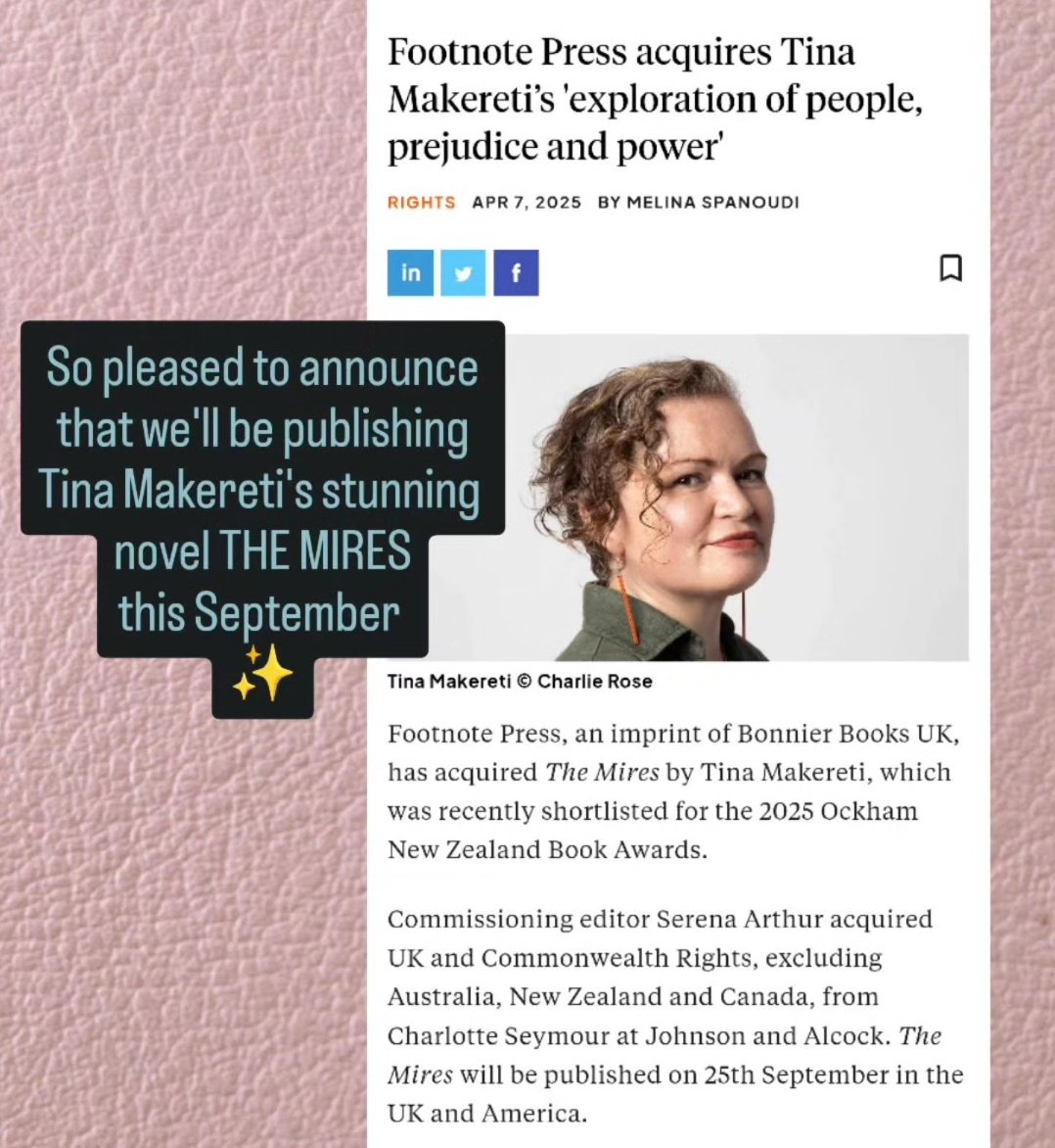 Serena Arthur (@serena_arthur) on Twitter photo Announcing yet another gem on our growing <a href="/WeAreFootnote/">Footnote Press</a> fiction list: THE MIRES by Tina Makereti - a novel about people, prejudice, power, the pressures on our humanity, fire, flood and what connects us ✨ Publishing this Sept with stunning cover reveal and proofs to come ☺️ Announcing yet another gem on our growing <a href="/WeAreFootnote/">Footnote Press</a> fiction list: THE MIRES by Tina Makereti - a novel about people, prejudice, power, the pressures on our humanity, fire, flood and what connects us ✨ Publishing this Sept with stunning cover reveal and proofs to come ☺️