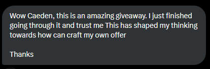 Ngl I feed bad for those of you that'll miss out on this one.  

Giveaway? This is genuinely a free course.  

Took all the knowledge I've gained on offer creation and threw it into one place.  

Taking it down in two days.

Check my pinned post.