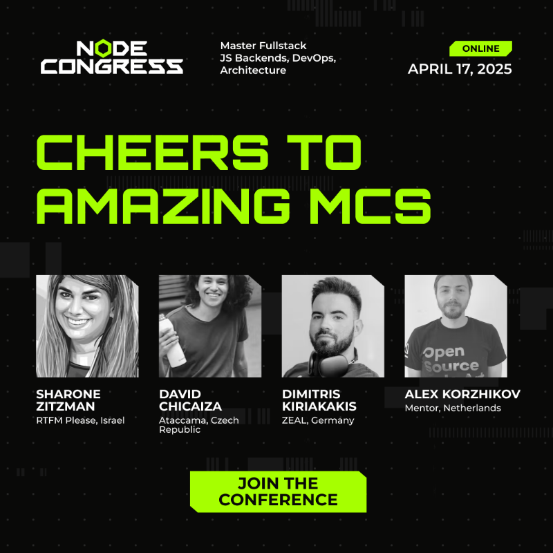 NodeCongress's tweet photo. ✨ Cheers to our amazing MCs - @shar1z, David Chicaiza, @dimeloper, and @AlexKorzhikov.

Get ready to feel 🎤their energy, charisma, and hype from start to finish at Node Congress on April 17!