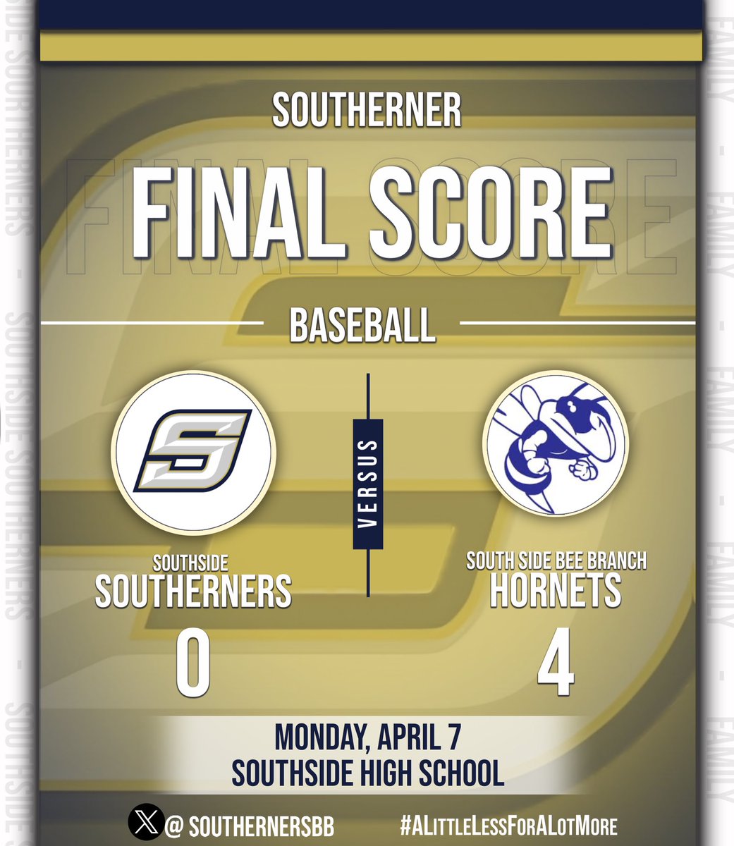 SouthernersBB's tweet photo. Southside falls in non-conference action
Final score:
Southside: 0
SS Bee Branch: 4
Up next: Today @ Pangburn
#SouthsideBaseball #ALittleLessForAlotMore https://t.co/7ySjfBdu7g