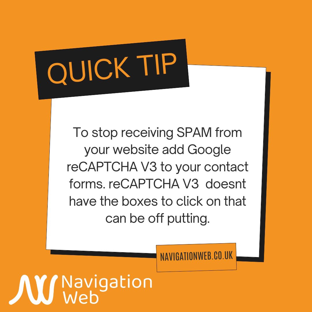 navigation_web's tweet image. To stop receiving SPAM from your website add Google reCAPTCHA V3 to your contact forms. reCAPTCHA V3  doesnt have the boxes to click on that can be off putting.

Contact us
01376 402 007
navigationweb.co.uk
#contactforms #recaptcha #spam #website #tiptuesday