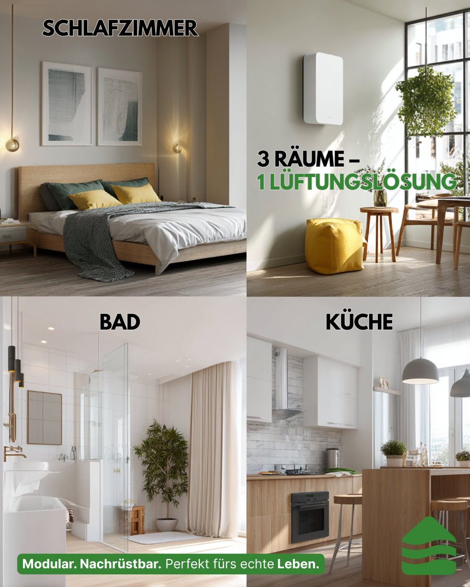 luftbudeGmbH's tweet image. Praxisbeispiel: 3 Räume – 1 Lösung

🛏️ Schlafzimmer → leiser Dauerbetrieb
 🚿Bad → automatisch bei Feuchtigkeit
 🍳Küche → lüftet bei Gerüchen
👉 Dezentral. Einfach. Individuell.

#dezentraleLüftung #wohnraumlüftung #nachrüsten