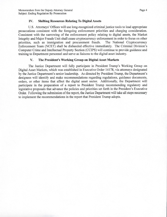 MAJOR update re DOJ and prosecution of digital assets - "the Department will stop participating in regulation by prosecution in this space."

This memo from the Deputy AG does a few important things, including making it clear the DOJ is NOT going after exchanges and wallets for