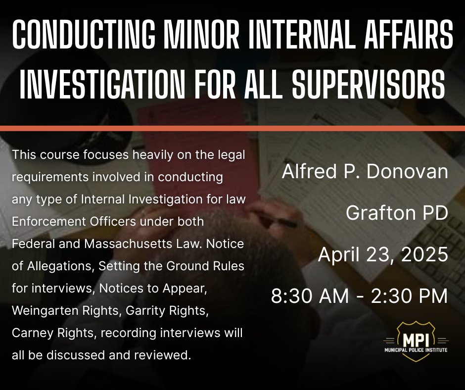 MPITraining's tweet image. Conducting Minor Internal Affairs Investigations for all Supervisors
Click the link below to read more!
mpitraining.com/events/interna…
#police #policetraining #lawenforcement #lawenforcementtraining #mpi #leadership #massachusetts #training #trainwiththebest