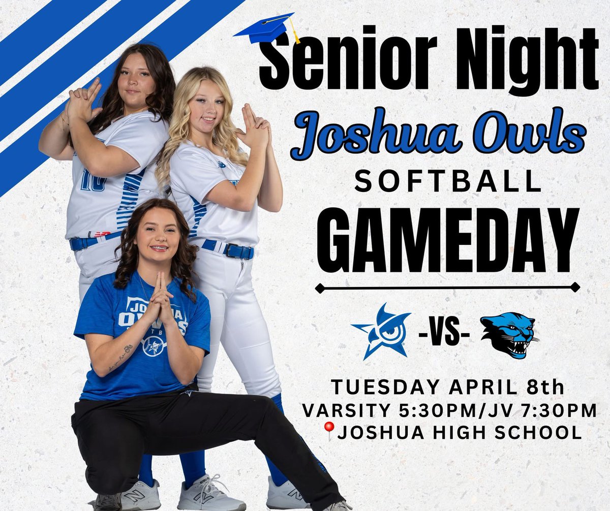 🚨GAME DAY🚨

🥎 Lady Owls Softball Senior Night🥎

🆚 Arlington Seguin 
📍Joshua
🗓️4/8
⌚️ 5:30 and 7