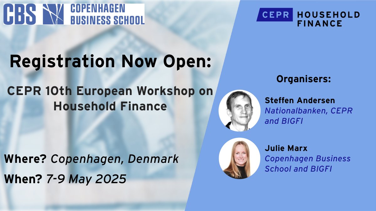 CEPR (@cepr_org) on Twitter photo Registration now open! The CEPR 10th European Workshop on Household Finance will take place on 7-9 May in Copenhagen. General registration is open until 21 April, so don't hesitate! ow.ly/qiv150VwpVI
#Conference #EconTwitter <a href="/CBScph/">Copenhagen Business School</a> <a href="/nationalbanken/">Danmarks Nationalbank</a> <a href="/Haliassos/">Michael Haliassos</a> Registration now open! The CEPR 10th European Workshop on Household Finance will take place on 7-9 May in Copenhagen. General registration is open until 21 April, so don't hesitate! ow.ly/qiv150VwpVI
#Conference #EconTwitter <a href="/CBScph/">Copenhagen Business School</a> <a href="/nationalbanken/">Danmarks Nationalbank</a> <a href="/Haliassos/">Michael Haliassos</a>