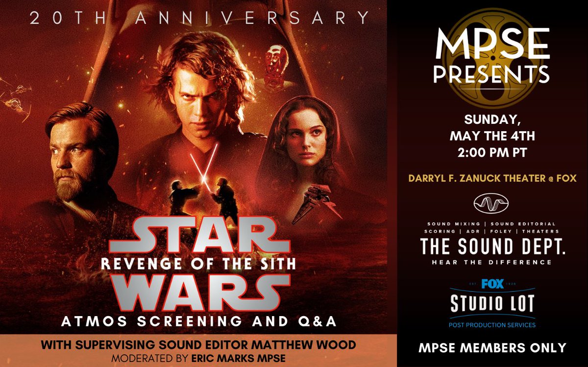 mpseorg's tweet photo. 🚨 This May the 4th… the Force isn’t just strong — it’s in ATMOS 🚨

MPSE members: get ready to experience Revenge of the Sith like never before.

#MPSE #RevengeOfTheSith #StarWars #SkywalkerSound #MayThe4th #MayThe4thBeWithYou #SoundDesign #SoundEditing #PostProduction https://t.co/wWtMbPl0Hz