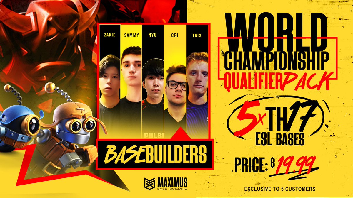 🔥 Clash World Championship Pack – Built for Champions! 🔥

Grab 5x TH17 ESL Bases crafted by Tris, Nyu, Sammy, Cri &amp; Zakie! 🛡️ Battle-tested and ready to dominate the biggest stage!

💰 Just $19.99! – Only 5 slots available, act fast!

Discord Server: discord.gg/hQTzk3G5Ap