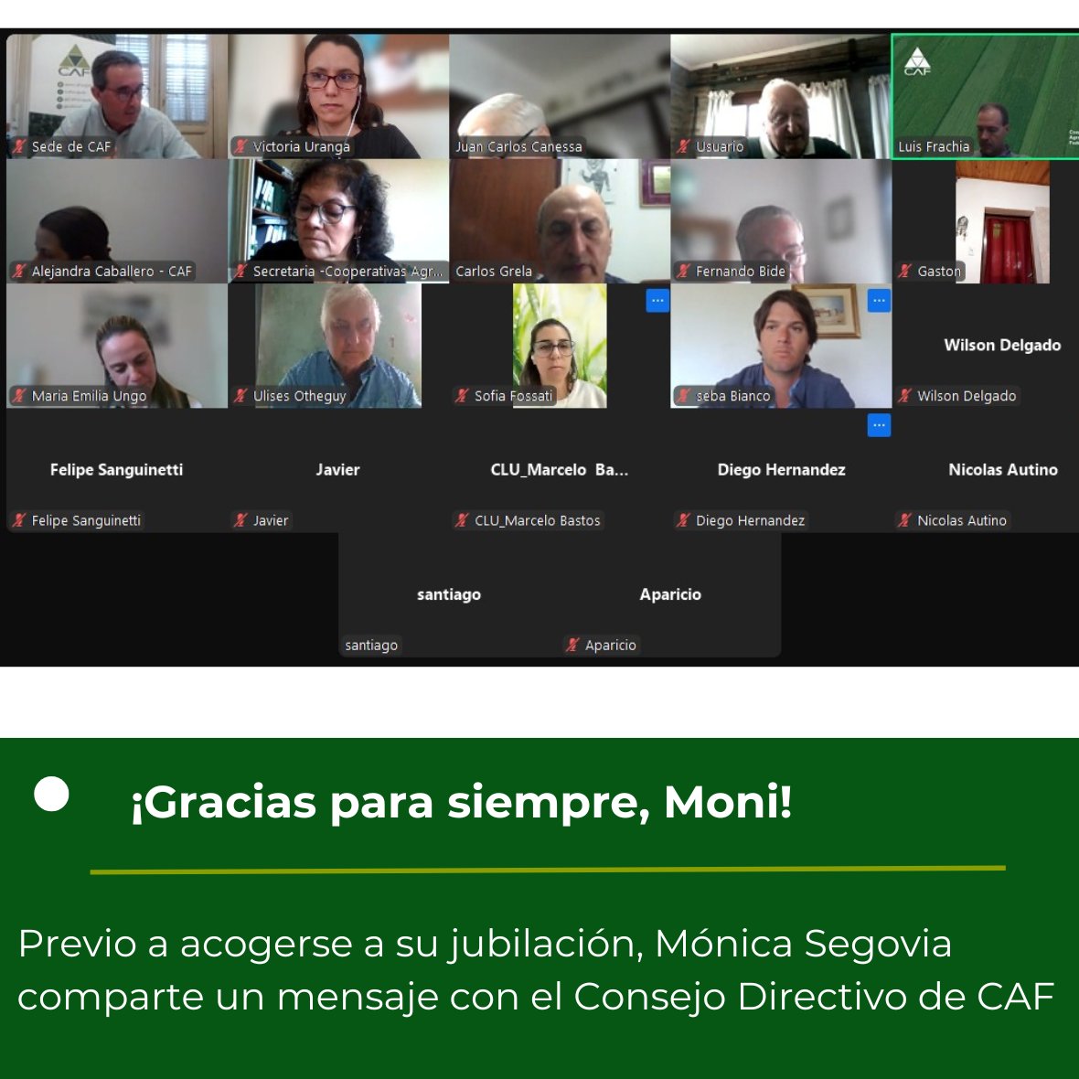 CAFUruguay's tweet photo. Hoy es un Consejo Directivo muy emotivo para CAF  💚🤍

A pocos días de acogerse a la jubilación, luego de 34 años de valioso trabajo como secretaria y pilar del trabajo de CAF, nuestra querida Mónica Segovia comparte un mensaje con los Directivos de nuestra Federación. https://t.co/Cyei5GXgMW