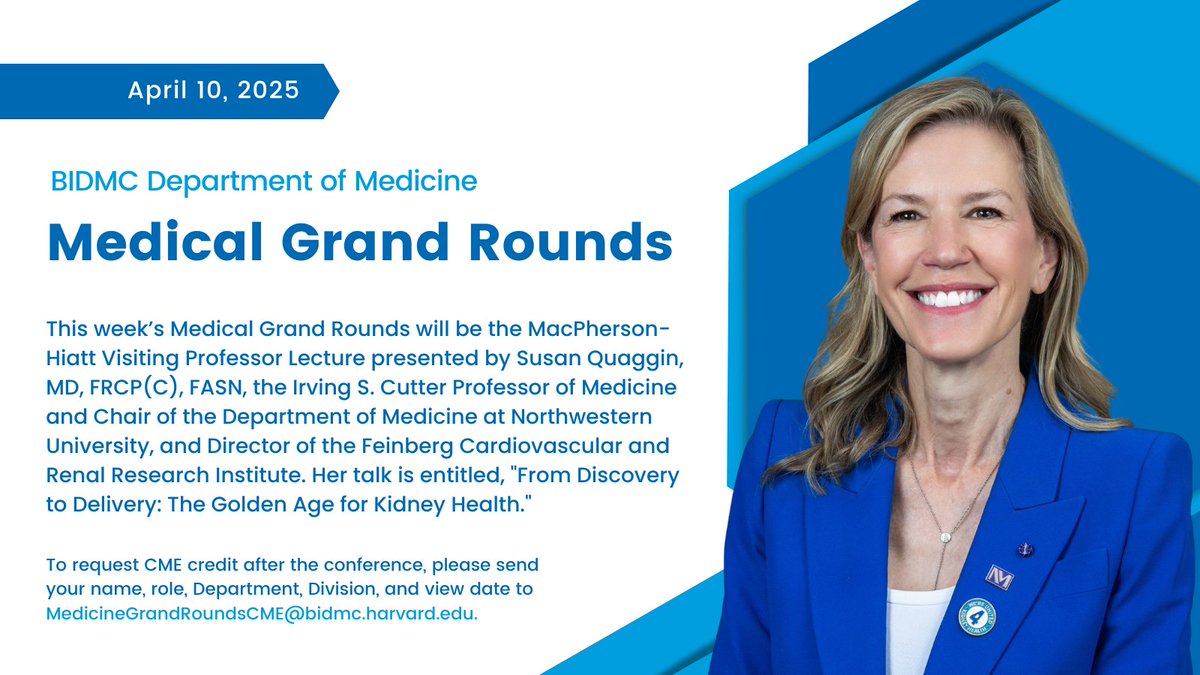 BIDMC Department of Medicine (@bidmc_medicine) on Twitter photo This week’s Grand Rounds is the MacPherson-Hiatt Visiting Professor Lecture presented by Dr. Susan Quaggin, Professor and Chair of Medicine at <a href="/NorthwesternMed/">Northwestern Medicine</a>. Her talk is entitled, "From Discovery to Delivery: The Golden Age for Kidney Health." Join us!
📅 April 10
🕗 8am This week’s Grand Rounds is the MacPherson-Hiatt Visiting Professor Lecture presented by Dr. Susan Quaggin, Professor and Chair of Medicine at <a href="/NorthwesternMed/">Northwestern Medicine</a>. Her talk is entitled, "From Discovery to Delivery: The Golden Age for Kidney Health." Join us!
📅 April 10
🕗 8am