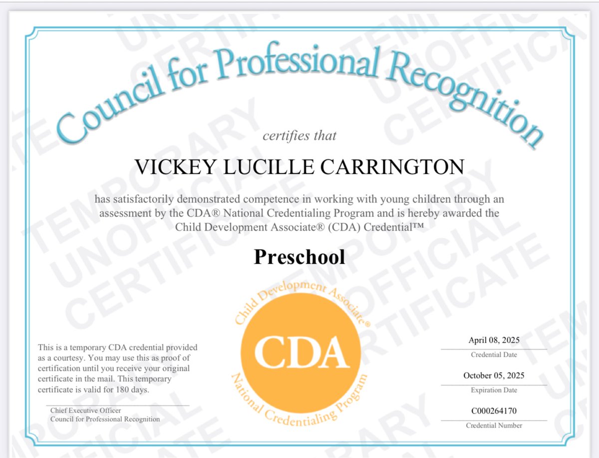 Please join us in celebrating Vickey for earning her Child Development Associate (CDA) Credential! This is a huge milestone that reflects her hard work, dedication. You did it! 🫵🏼#CDAAchieved #EarlyChildhoodEducation #ProudMoment#ChildDevelopment #EducatorSuccess