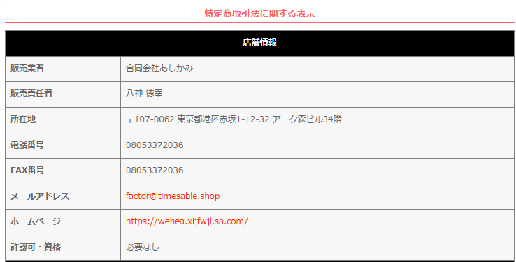 ECサイトの会社概要には以下の表示でしたが、注文時に検索調査まではし