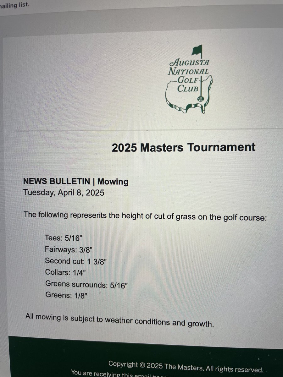 This is always interesting information from The Masters. Getting out my calculator for the conversion, the greens at Augusta National are being cut at 3.175mm, and fairways at 9.5mm.
