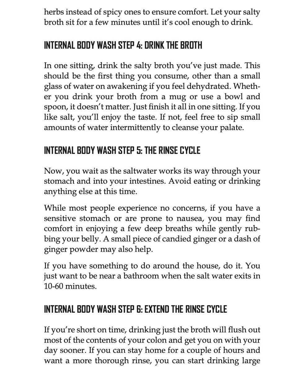 CraigBrockie's tweet photo. The Internal Body Wash Protocol:

• Take a natural laxative before bed
• Morning: Drink a quart of warm salt water (2 tsp sea salt)
• Wait 10-60 minutes near a bathroom until it exits
• Extend the rinse by drinking fresh water every 15 mins thereafter

BOOKMARK THIS 👇🏽 https://t.co/G0ElaPRhRg