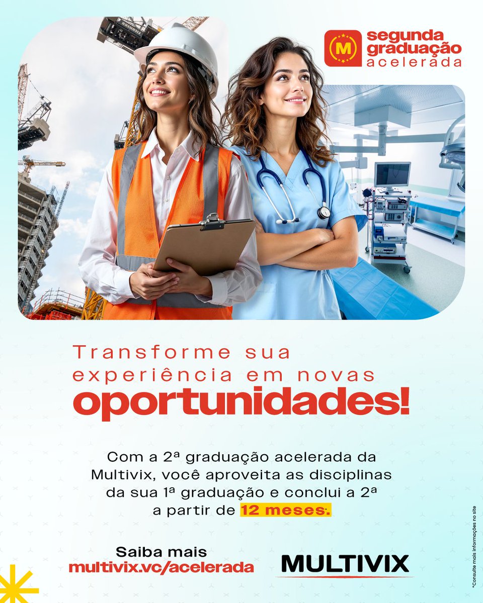 Multivix's tweet photo. Transforme sua experiência em novas oportunidades! 🎯

Com a 2ª graduação acelerada da Multivix, você aproveita as disciplinas da sua 1ª graduação e conclui a 2ª a partir de 12 meses.

Saiba mais em https://t.co/IzPwwhf2PB https://t.co/9Un1b63ST9