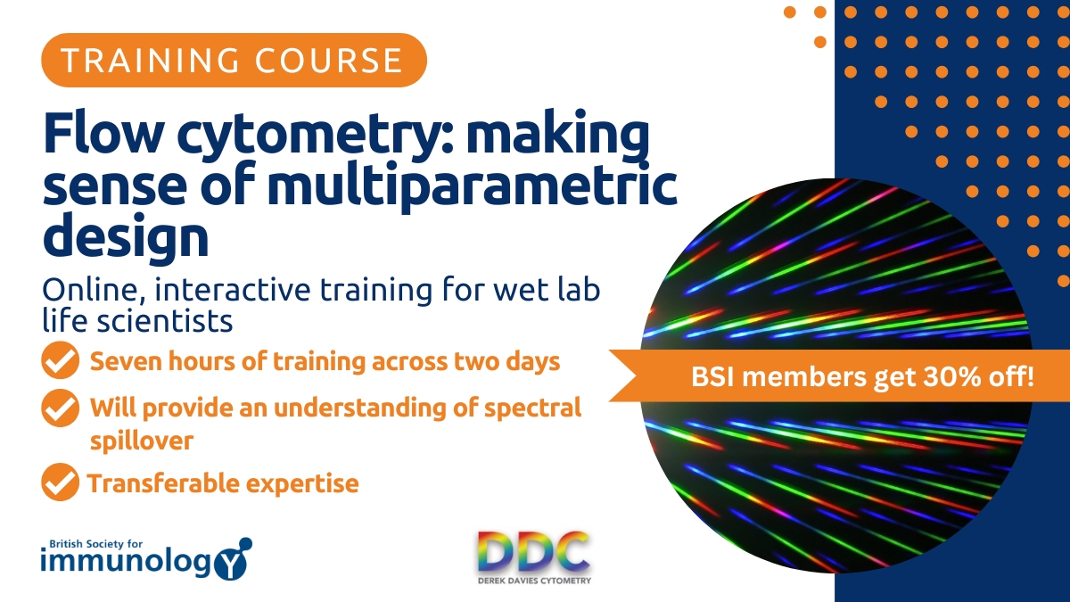 Ready to master multiparametric flow cytometry? 🦠

Join our online course led by <a href="/DDCytometry/">DerekDaviesCytometry</a> on 6 &amp; 13 May to gain expert insights, enhance your experimental design, and access online resources for THREE months. 

BSI members save 30%! Sign up today: bit.ly/420WEBV