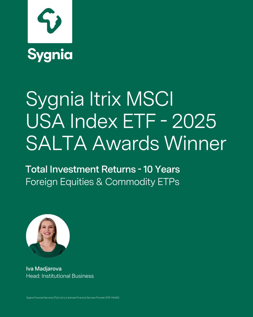 🎉 We are thrilled to announce that the Sygnia Itrix MSCI USA Index ETF has emerged victorious in the 2025 SALTA awards, claiming the top spot in the Total Investment Returns – 10 Years – Foreign Equities &amp; Commodity ETPs category.

#Salta2025Winner #Sygnia #ETFs