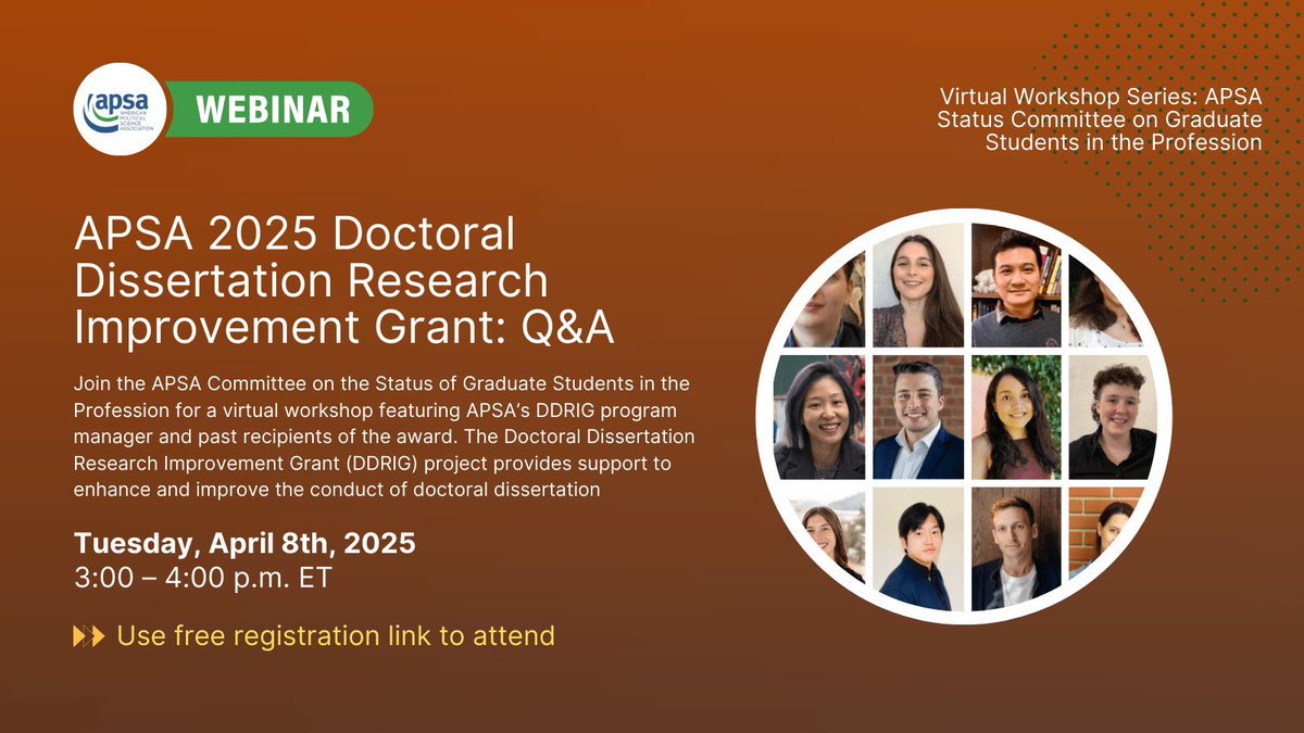 APSA (@apsatweets) on Twitter photo Today at 3PM ET! Join APSA Committee on the Status of Graduate Students in the Profession for a virtual workshop featuring APSA’s #DDRIG program manager and past recipients of the award. Use the free registration link to attend ⬇️ us06web.zoom.us/meeting/regist…
politicalsciencenow.com/apsa-2025-ddri… Today at 3PM ET! Join APSA Committee on the Status of Graduate Students in the Profession for a virtual workshop featuring APSA’s #DDRIG program manager and past recipients of the award. Use the free registration link to attend ⬇️ us06web.zoom.us/meeting/regist…
politicalsciencenow.com/apsa-2025-ddri…