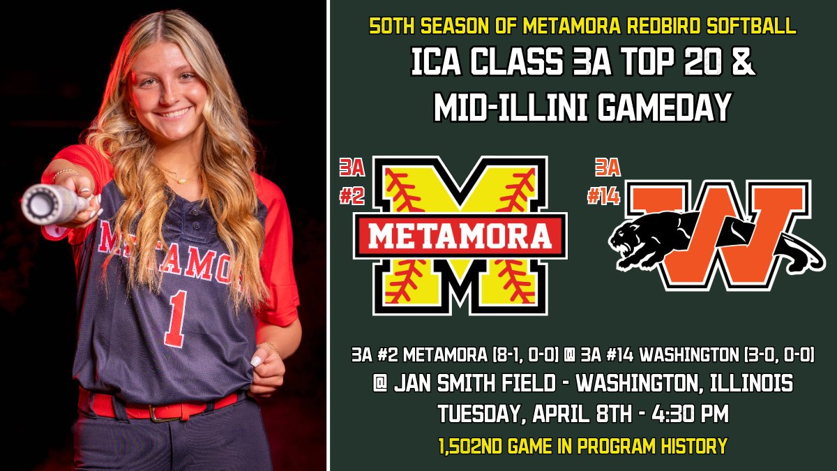 StaabAlex's tweet photo. Welcome to Mid-Illini Opening Day! 😎

🥎 | 3A #2 @SoftballMTHS 
🆚 | 3A #14 Washington
📍 | 725 Lincoln St, Washington, IL
🕰️ | 4:30 PM
🌤️ | 49 degrees, mostly sunny, 7 mph wind RF to LF
📻 | https://t.co/nLl9TjdU0i
📊 | GameChanger; "Metamora Varsity Redbirds"

#ONE #pjspreps https://t.co/eCwFTU1KgF