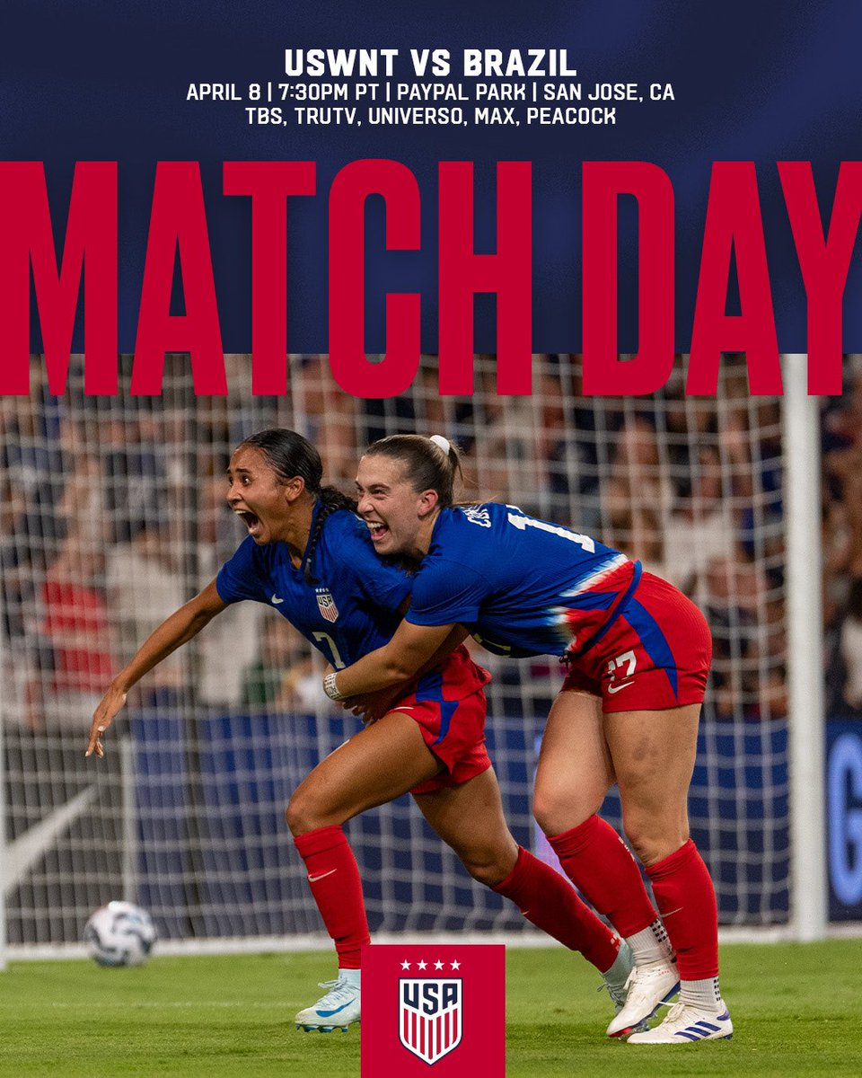 USWNT's tweet photo. Go time: IT'S MATCHDAY IN SAN JOSE!

🇺🇸 USA vs. Brazil 🇧🇷
🏟️ PayPal Park

🕔 10:30 PM ET
🖥️ TBS | truTV | Universo | Max | Peacock https://t.co/ibQyfnGxkb