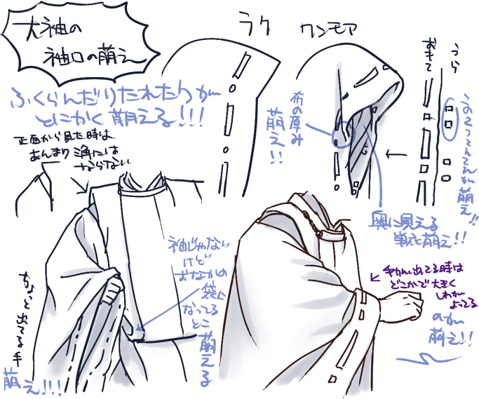 【狩衣編2】
大袖の萌え、和風ファンタジー等でありがちなデフォルメについて考える(襟口が四角になったり飾り結びがついたり肩が尖りがちだったりは、七五三の被布と混じってるのでは?説)、袖の肩から下はストンと落ちすぎずに斜めに末広がりのフォルムがいいかも&人体に着せる前と後 など 