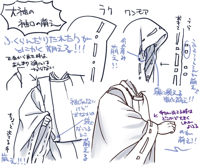 【狩衣編2】
大袖の萌え、和風ファンタジー等でありがちなデフォルメについて考える(襟口が四角になったり飾り結びがついたり肩が尖りがちだったりは、七五三の被布と混じってるのでは?説)、袖の肩から下はストンと落ちすぎずに斜めに末広がりのフォルムがいいかも&人体に着せる前と後 など 