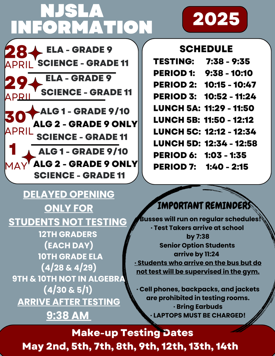 PHS, NJSLA Testing is right around the corner!