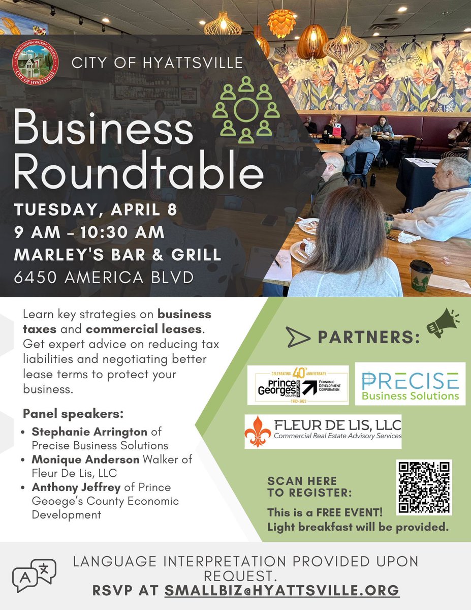 preciseacctax's tweet image. Join me at the City of Hyattsville Spring Business Roundtable event TODAY at Marley’s Bar &amp;amp; Grill in Hyattsville, Maryland from 9 am to 10:30 am for a panel discussion on best business tax practices, how to read commercial leases, and how PGCED support small businesses.