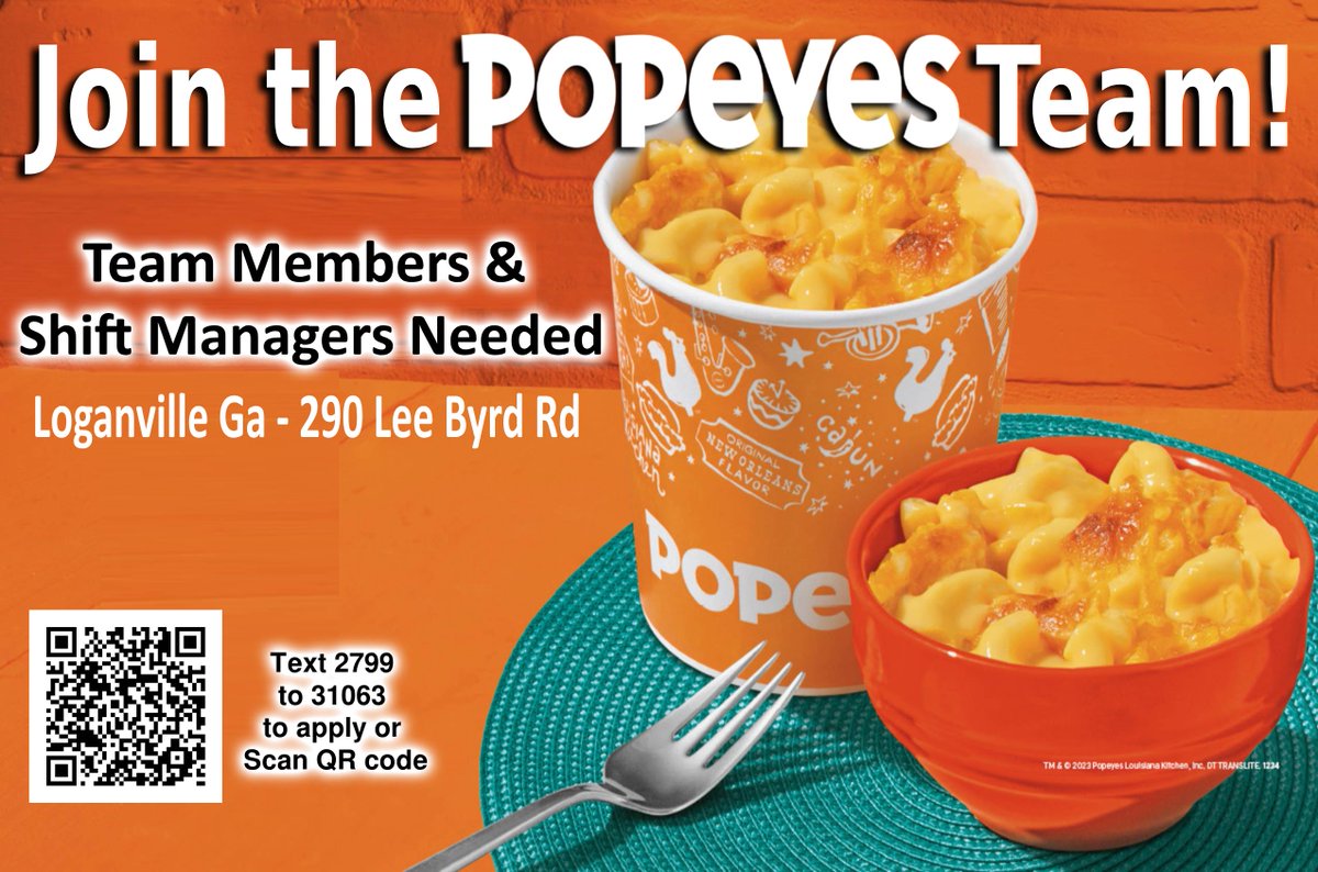 FunkyChickenATL's tweet image. 🚨 Join the Popeyes Family in the Loganville GA Area! 🚨 We're hiring Team Members &amp;amp; Shift Managers. If interested: workstream.us/j/74bf9108/pop…   #Popeyes #Hiring #LoganvilleGA #LoganvilleGaJobs