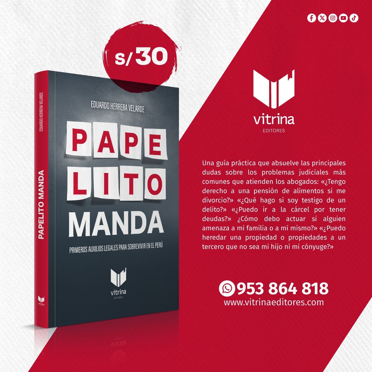 vitrinaeditores's tweet photo. PapelitoManda. Primeros auxilios legales para sobrevivir en el Perú. 
Autor: Eduardo Herrera VelardeEdición: marzo 2025
ISBN: 9786124985515
Formato: 17 x 24, tapa rústica
Páginas: 128
Precio: S/30
Pedidos al 953 864 818
#leeresvida #librosrecomendados #leer #papelitomanda https://t.co/bmgGmKaiZq