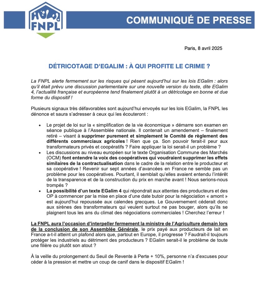 FNPL (@fnplait) on Twitter photo DÉTRICOTAGE D'EGALIM : À QUI PROFITE LE CRIME ?
Un communiqué de presse de la FNPL
#CeuxQuiFontLeLait <a href="/AnnieGenevard/">Annie Genevard</a> DÉTRICOTAGE D'EGALIM : À QUI PROFITE LE CRIME ?
Un communiqué de presse de la FNPL
#CeuxQuiFontLeLait <a href="/AnnieGenevard/">Annie Genevard</a>