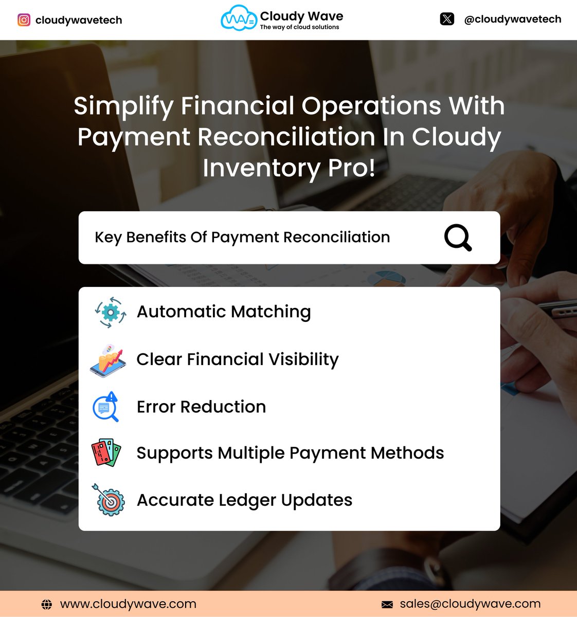 cloudywavetech's tweet image. ✅ Automate Payment Reconciliation with Cloudy Inventory Pro!
Match payments to invoices in seconds, track in real time, and reduce errors—across all payment methods.
🔗 Learn more
#FinanceAutomation #CloudyWave #PaymentReconciliation