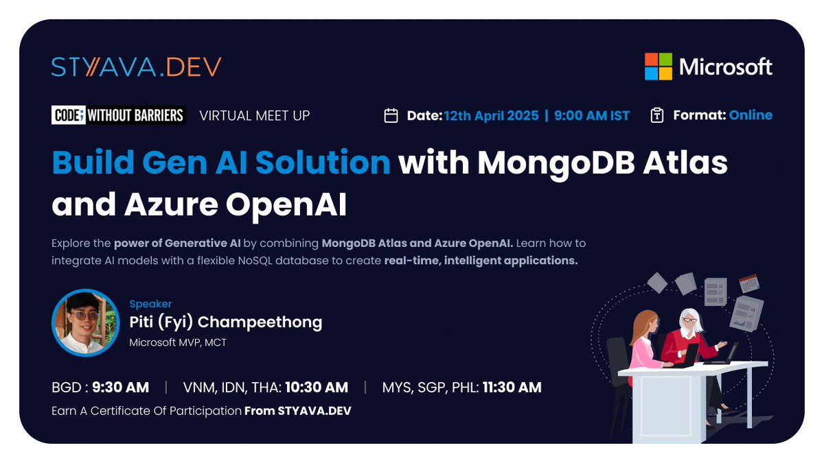 🚀 Build Gen AI solutions with MongoDB Atlas &amp; Azure OpenAI!
🎤 Piti (Fyi) Champeethong (Microsoft MVP &amp; MCT)
📅 Apr 12 | 🕒 10:30 BGD | 11:30 VNM, IDN, THA | 12:30 PHL, MYS, SGP
👉 styava.dev/event-detail/8…

#STYAVAdev #GenAI #AzureOpenAI