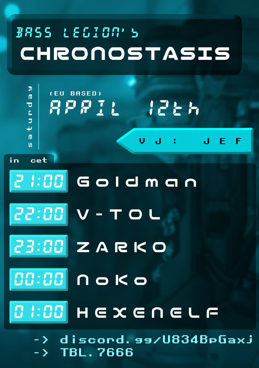 &gt; ATTENTION ALL REBELS   

&gt; THE TIME IS ALMOST UPON US FOR CHRONOSTASIS  

&gt; A EU BASED HARD DANCE EXPERINCE FEATURING DJS

<a href="/Goldman0815/">Goldman</a> 
<a href="/vsmolvr/">V-TOL</a> 
Zarko
<a href="/DjNoK0/">Noko</a> 
<a href="/hexenelf/">hexenelf</a>