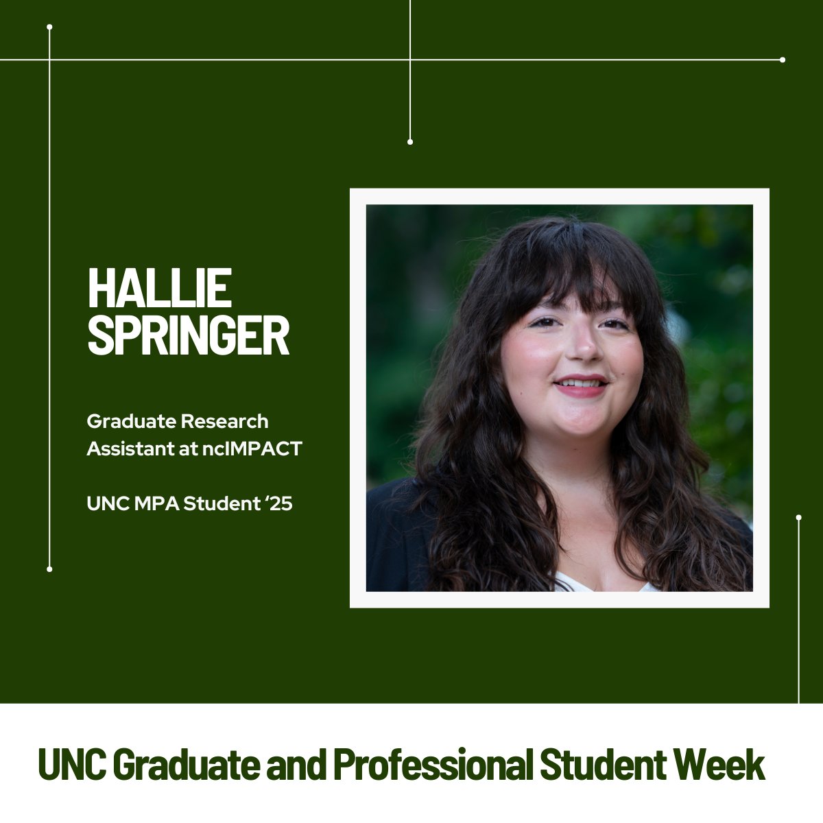 ncIMPACTsog's tweet photo. Join us in celebrating one of our student assistants during this Graduate and Professional Student Week! After working with #ncIMPACT since Aug. '23, Hallie Springer will graduate from the @UNCMPA program this May. Thank you and congratulations, Hallie! https://t.co/5eSlUQpfYA