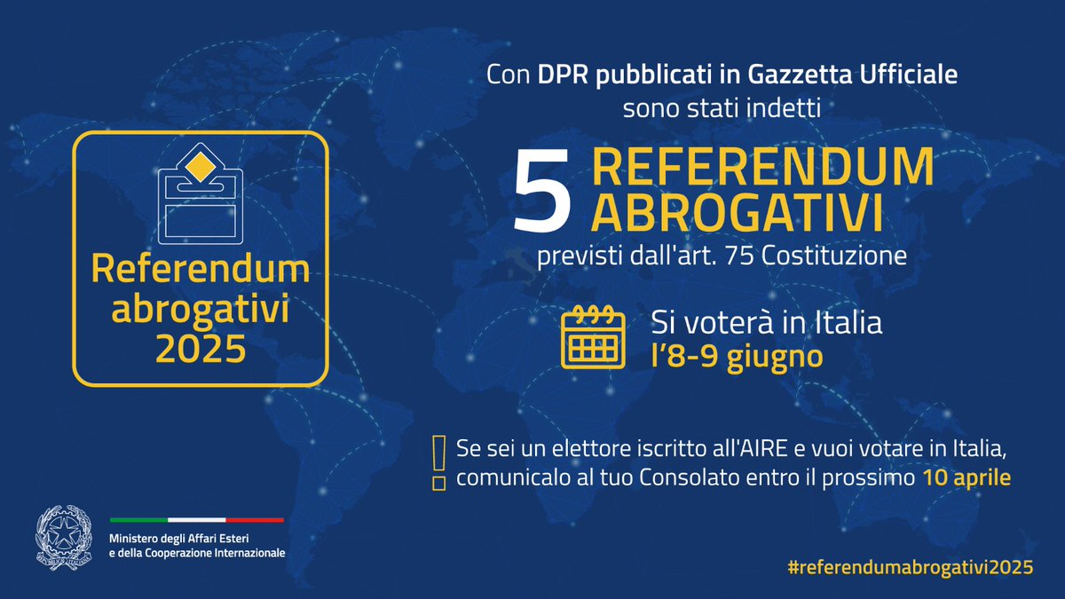 📢 #ReferendumAbrogativi2025: l’8-9 giugno si vota!

🗳️ Se sei iscritto all’AIRE, riceverai il plico a casa.

Vuoi votare in Italia? Comunicalo al tuo Consolato entro il 10 aprile!

👇
ambwashingtondc.esteri.it/it/news/dall_a…
